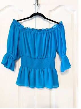 CeCe Vibrant Blue Off-Shoulder Smocked  with Elastic Waistband Blouse Size XS
